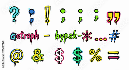 Vibrant, graffiti-style punctuation and symbols with dripping paint effect
