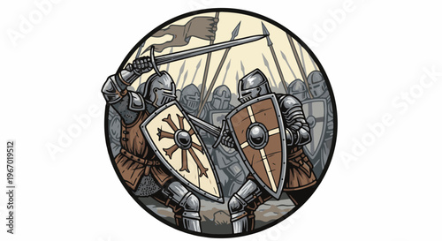 Medieval warriors clash with swords and shields in a circular emblem