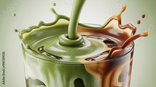 Matcha and Iced Coffee Fusion with Cream Splash, Artistic Beverage Composition