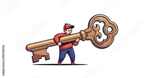 Illustration of a person carrying a large golden key, symbolizing access, solutions, and opportunities in a whimsical, cartoon style