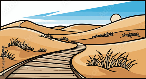 Winding wooden walkway through serene desert dunes under a bright sky