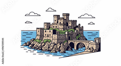 A stone castle perched on rocky cliffs overlooking a blue sea, with a bridge