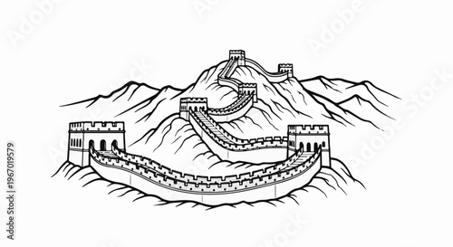 A black and white line drawing of the Great Wall of China winding over mountains