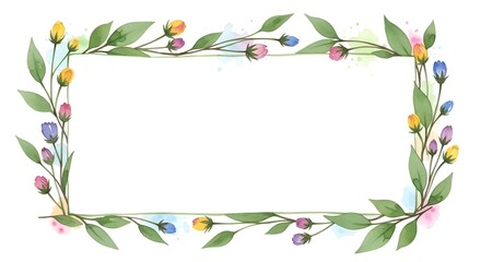 Watercolor floral frame with colorful buds and green leaves, spring border, blank space for text