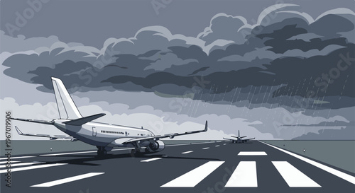 Two airplanes on a rainy tarmac under a stormy sky