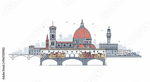 Stylized architectural skyline with a prominent dome, bell tower, bridge, and buildings