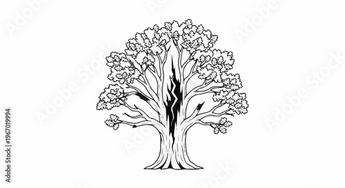 Stylized black and white drawing of a deciduous tree with a cracked trunk