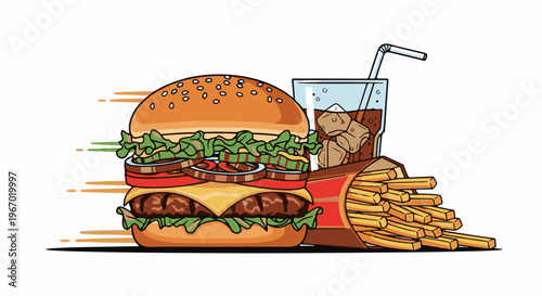 A double-decker burger, fries, and a soda with a straw, all illustrated
