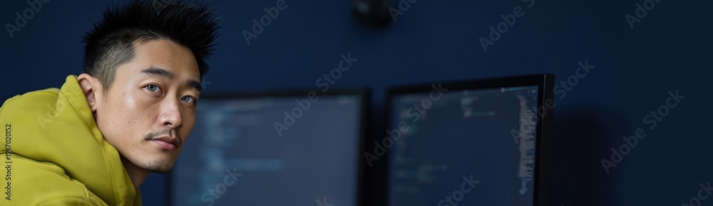Fototapeta premium Young man coding at dual monitors in dim workspace