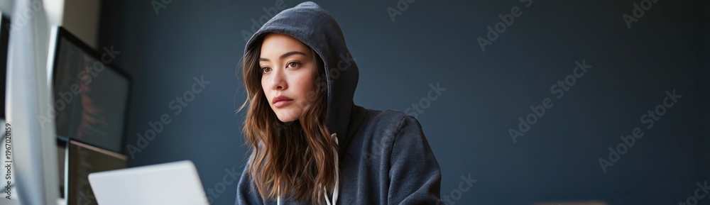 Fototapeta premium Young woman concentrating on laptop in home office workspace