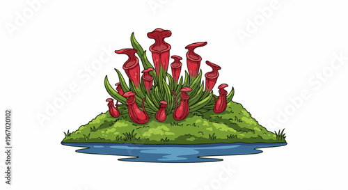 A cluster of red pitcher plants on a grassy island in water