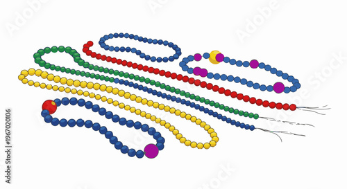 A collection of colorful beaded necklaces lie in a scattered pattern