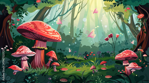 Vibrant forest illustration featuring mushrooms butterflies and trees