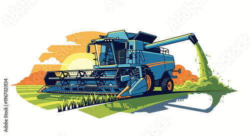A blue combine harvester working in a field at sunset, harvesting a crop