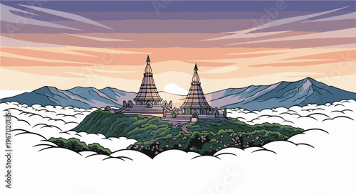 Twin pagodas rise above clouds at sunset