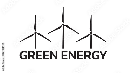 Wind turbines graphic with the text GREEN ENERGY below represents a sustainable power source and ecological responsibility.