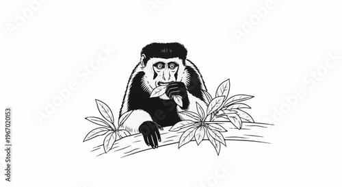A black and white illustration of a monkey eating leaves on a branch