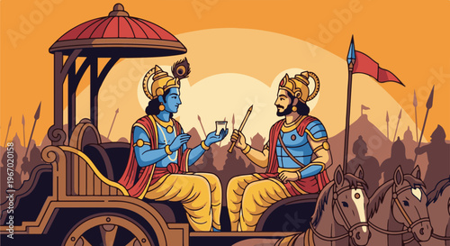 Two divine figures in a chariot converse amid an army at dawn