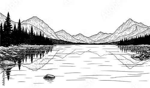 Mountain lake landscape black and white line sketch with pine trees reflection and natural scenery vector illustration