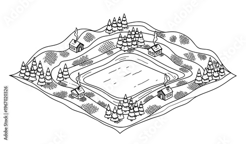 Isometric mountain lake landscape black and white sketch with hills trees and cabin vector illustration