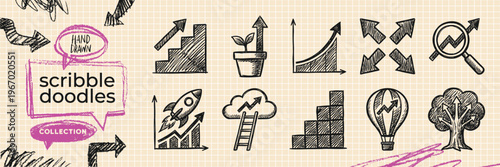 Hand Drawn Business Uptrend and Startup Growth Doodle Icon Set with Rocket Chart Lightbulb and Plant Sketch on Grid Paper Vector EPS