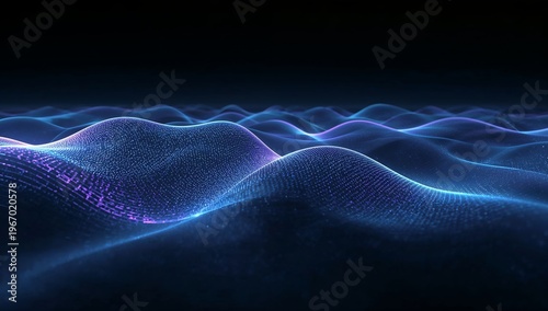 Abstract waves of blue and purple light in a dark space, creating a visual display of energy and movement