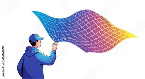 Man holding a wavy grid representing a scientific concept or data visualization, abstract digital art