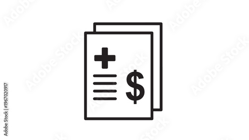 Documents icon with medical cross and dollar sign symbolizing healthcare costs or insurance. featuring document, health, cost with price and money