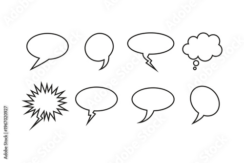 Collection of Seven Diverse Speech Bubbles in Black and White, Illustrating Various Conversational Moods and Styles.