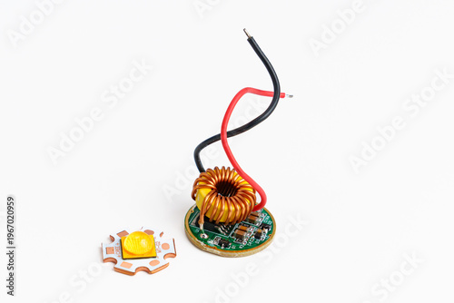 LED module and driver with wiring and components on white background