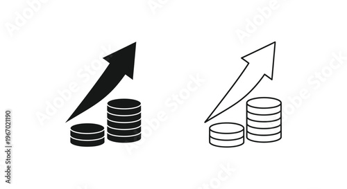 black and white icons of growing stacks of coins with arrows Vector