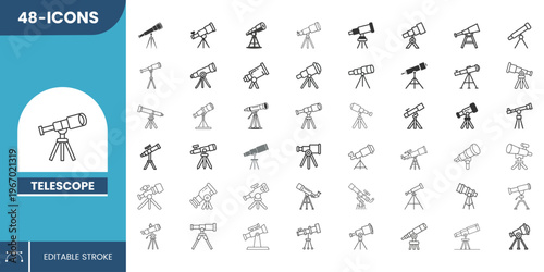 Editable Telescope Icon Set – Clean Vector Icons for Sky Observation, Astronomy Equipment and Space Research