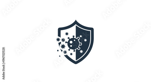 Shield logo with molecular structure and particles.