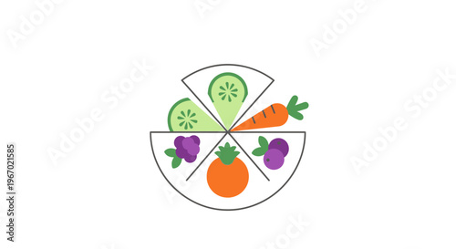 Colorful illustration of a divided plate with fruits and vegetables.