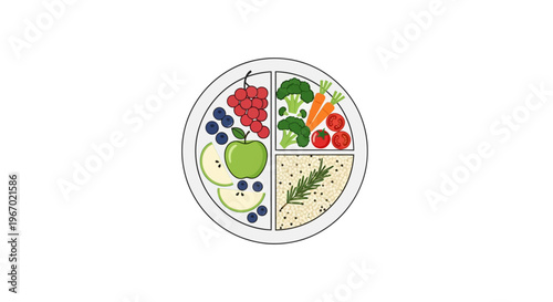 A plate divided into four sections of healthy food.
