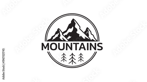 Mountains with trees logo in a circle, iconic landscape design for outdoor adventure brands and emblems, black and white illustration