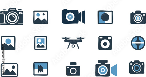 Photography Icon Set – Camera, Photographer, Video Camera and Photo Symbols Solid Vector Collection
