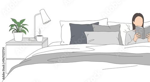 Woman reading book in cozy bed with bedside table and lamp, illustration