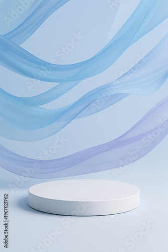 Modern white podium with flowing blue waves, ideal for product display.