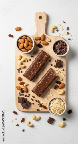 Healthy chocolate protein bars, nuts, oats, and cocoa nibs on a wooden board.