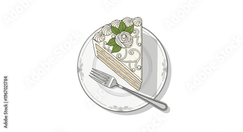 Slice of elegant white cake with floral frosting and mint leaves on a vintage plate with fork.