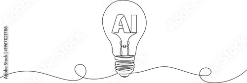 continuous line drawing of light bulb with the letters AI inside, artificial intelligence and creative technology line art vector illustration