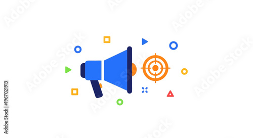 A blue megaphone with colorful shapes and icons around it.