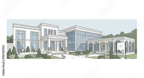 Modern Architectural Sketch of a White Building with Large Glass Windows and Greenery