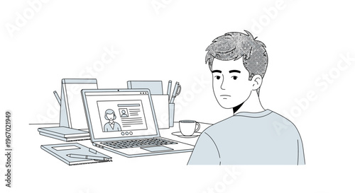 Young man working on laptop computer at desk with smartphone and tablet, remote work, home office