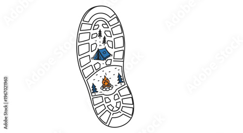 Boot print illustration with camping scene inside on white background