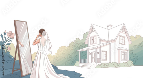 Bride in wedding dress looking in mirror, picturesque house background, romantic scene