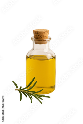 Fresh rosemary essential oil in a small glass bottle with a sprig, for wellness.
