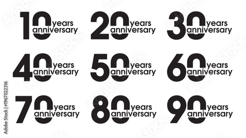 Anniversary number icons with years and text in black, from 10 to 90 years celebration. featuring event, icon, logo with year and decade elements for