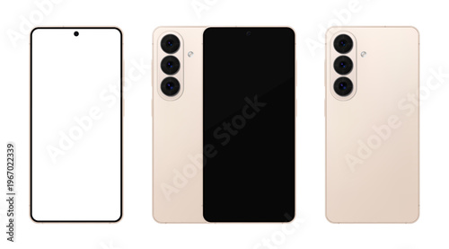 Detailed gold mobile phone with stylus mockup. Front and rear view isolated on transparent background. Vector PNG